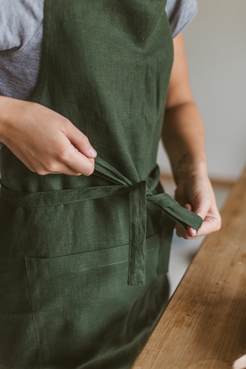 Green Long Linen Apron With Pocket, Christmas Gift For Her zdjęcie 2