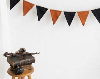 Handmade Black Orange Linen Halloween Garland, Spooky Mantel Decor, Autumn Home Bunting
