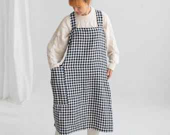 European Linen Gingham Apron with Pocket, Softened Pinafore,  50+ Colors