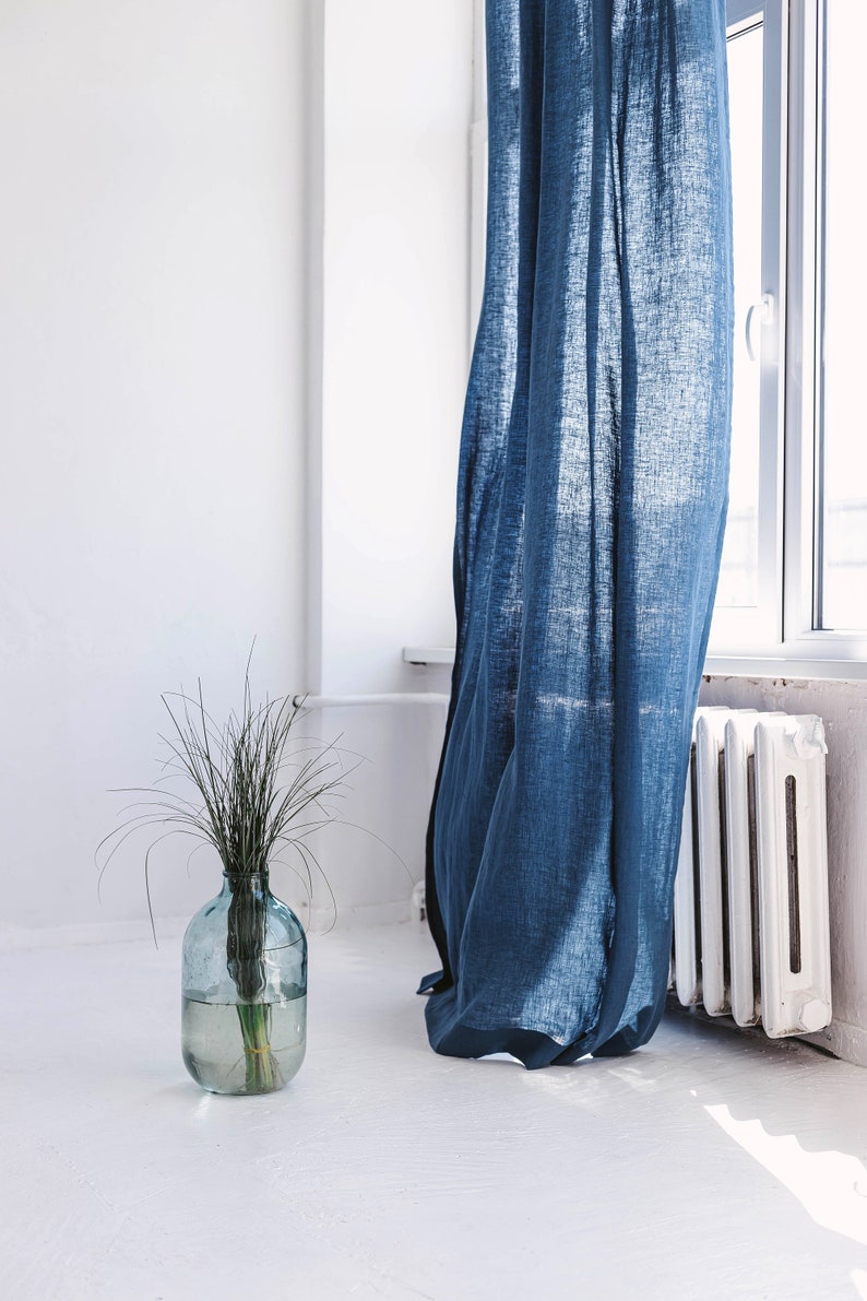 55/140 Cm Wide Long Linen Curtain with Grommets, Harbour Blue Linen Window Drape, Softened Linen Eyelet Curtain Panel, Custom linen drape image 3