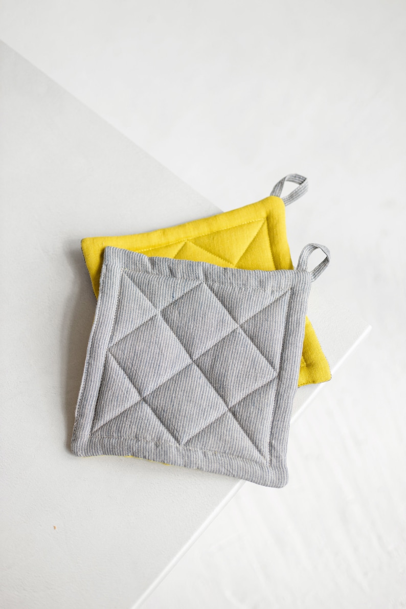 Two Sides Linen Pot Holder, Quilted Linen Pot Holder, Square pattern linen Pot Holder, Yellow Linen Potholders, Christmas gift Pot Holder image 2