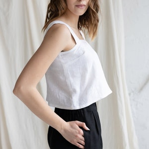 White Linen Crop Top With Wide Straps, Short Linen Blouse, Short Linen Summer Top, White Linen Crop Top, Sleeveless Linen Top,Linen Tank Top image 2