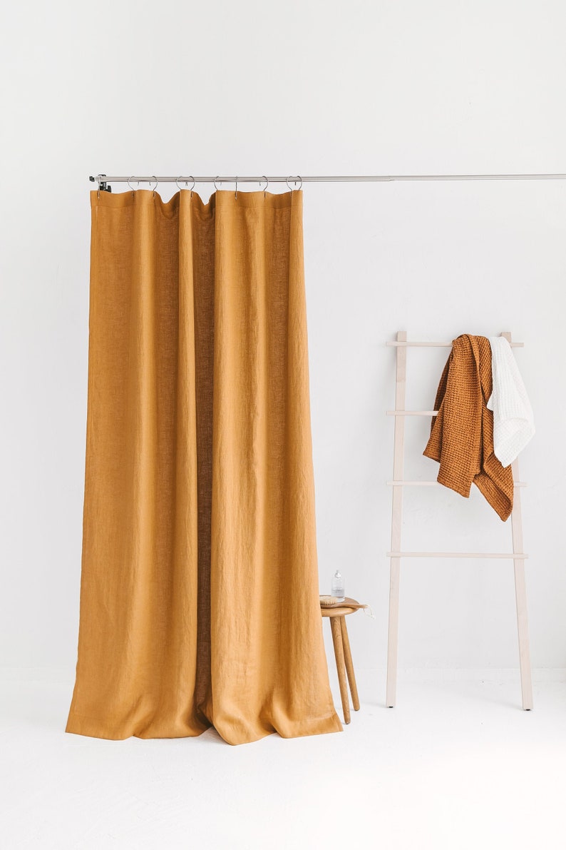 Waterproof Amber Linen Shower Curtain Extra Long, Water resistant Linen Curtains, Waterproof Linen Shower Drape, Linen douche long curtain image 1