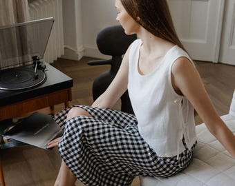 Off White Linen Top With Side Ties, Basic Loose Fitting Linen Summer Blouse