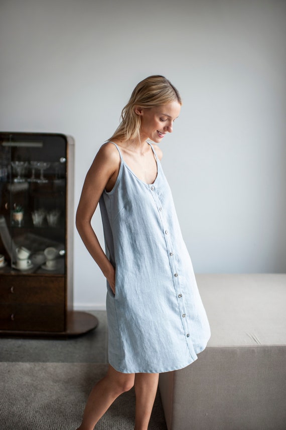 Linen Slip Dress With Buttons,buttoned Linen Spaghetti Strap Dress