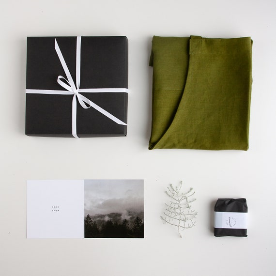 Christmas Gift Set, Linen Apron Gift Set, Green Long Linen Apron With Pocket
