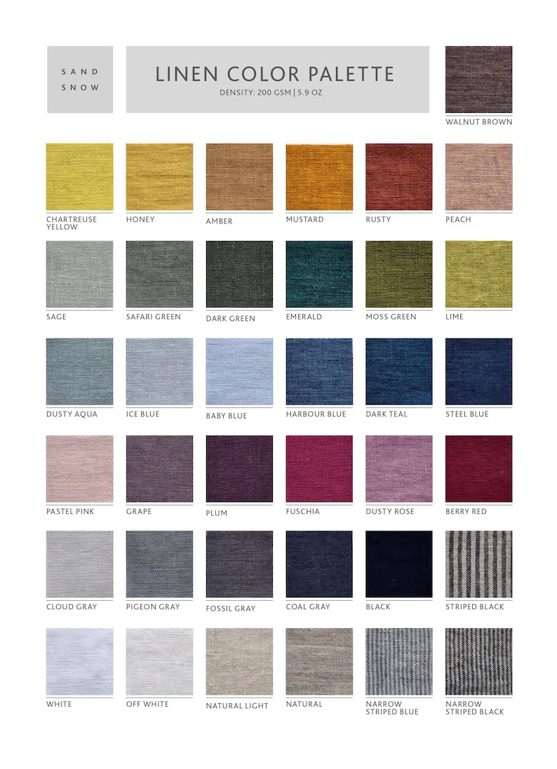 May include: A linen color palette chart with 24 different colors, including dusty aqua, ice blue, baby blue, harbor blue, dark teal, steel blue, pastel pink, grape, plum, fuchsia, dusty rose, berry red, cloud gray, pigeon gray, fossil gray, coal gray, black, striped black, white, off white, natural light, natural, narrow striped blue, and narrow striped black. The chart is labeled "Linen Color Palette" and "Density: 200 GSM | 5.9 OZ".