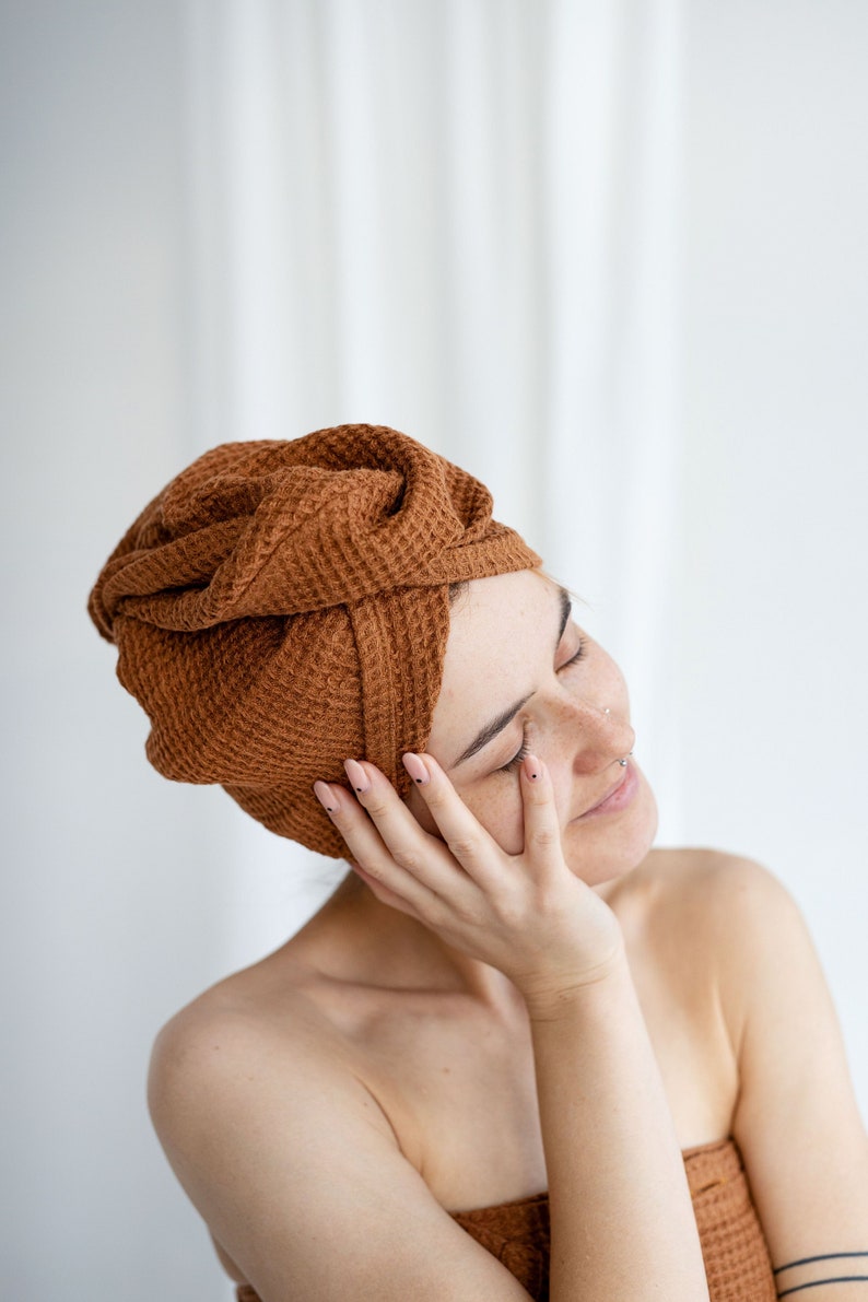 Waffle Linen Hair Towel, Natural Linen Waffle Hair Wrap, Linen Sauna Towel for Hair, Linen Wrap Towel,Linen Waffle Turban,Linen Gift for Her image 1