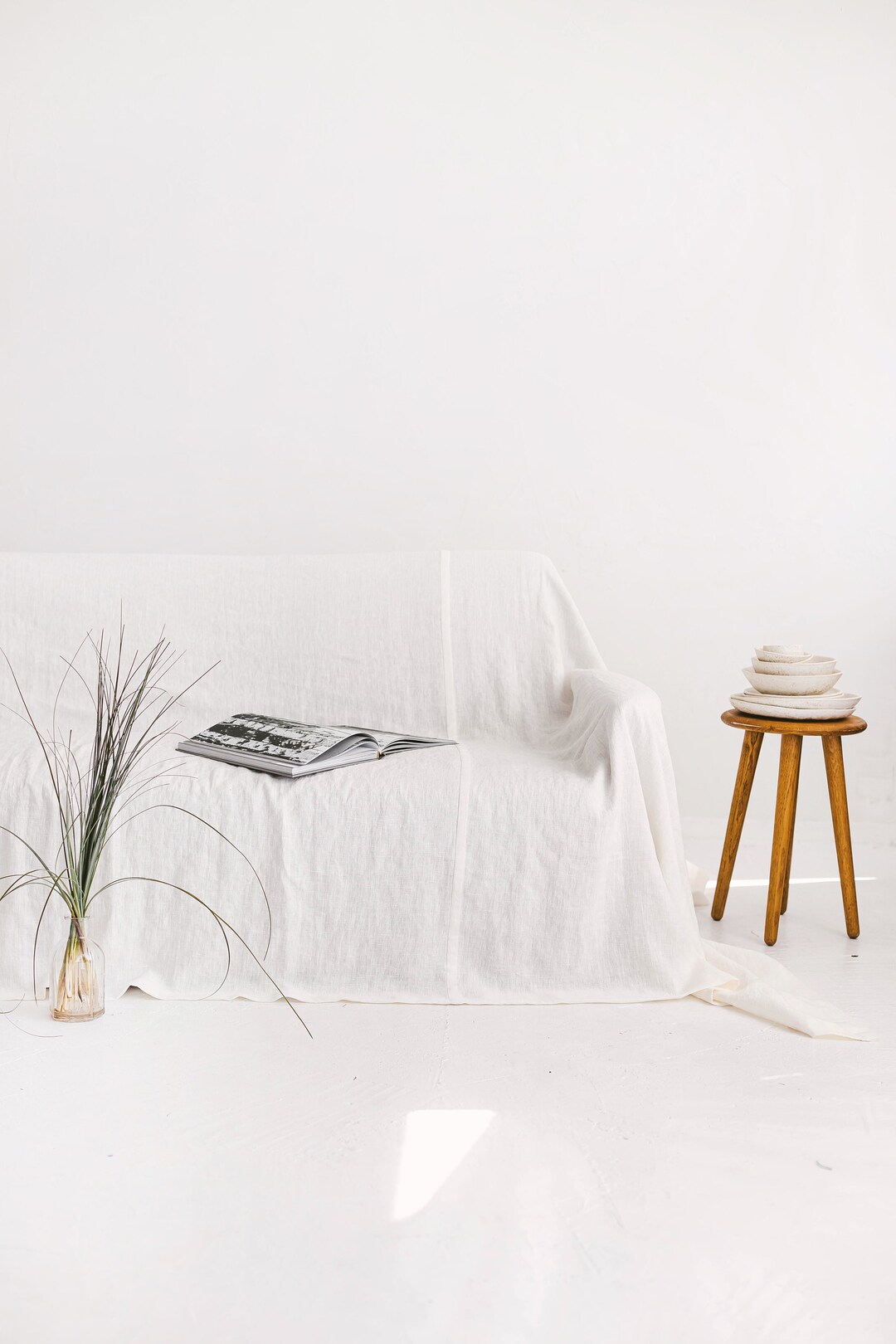 Off White Linen Couch Cover, Linen Drop Cloth Couch Cover, Natural Sofa