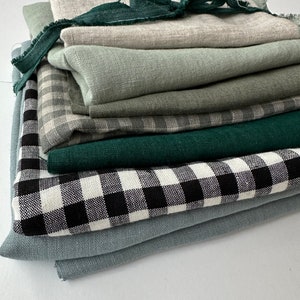 Linen Scraps Bundle Gingham Checks and Solid Colors, Natural Linen Fabric Remnants For Craft Projects. image 2