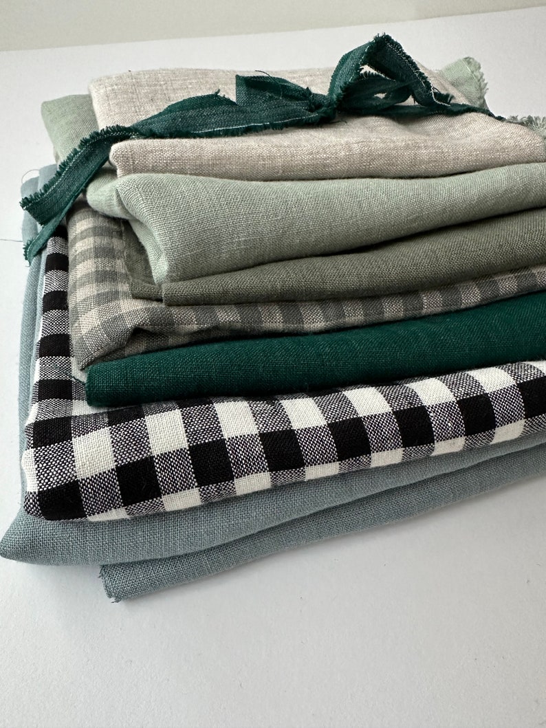 Linen Scraps Bundle Gingham Checks and Solid Colors, Natural Linen Fabric Remnants For Craft Projects. image 2
