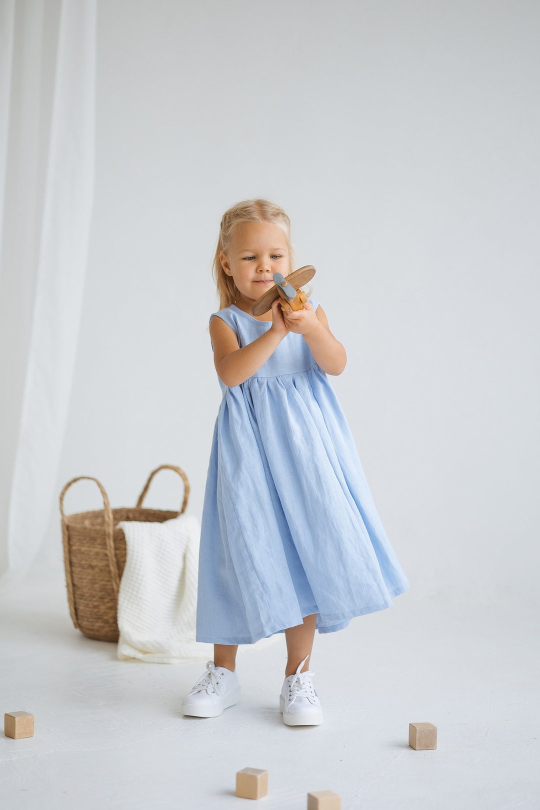 Light Blue Girls Linen Dress,blue Linen Sleeveless Dress, Toddler Linen