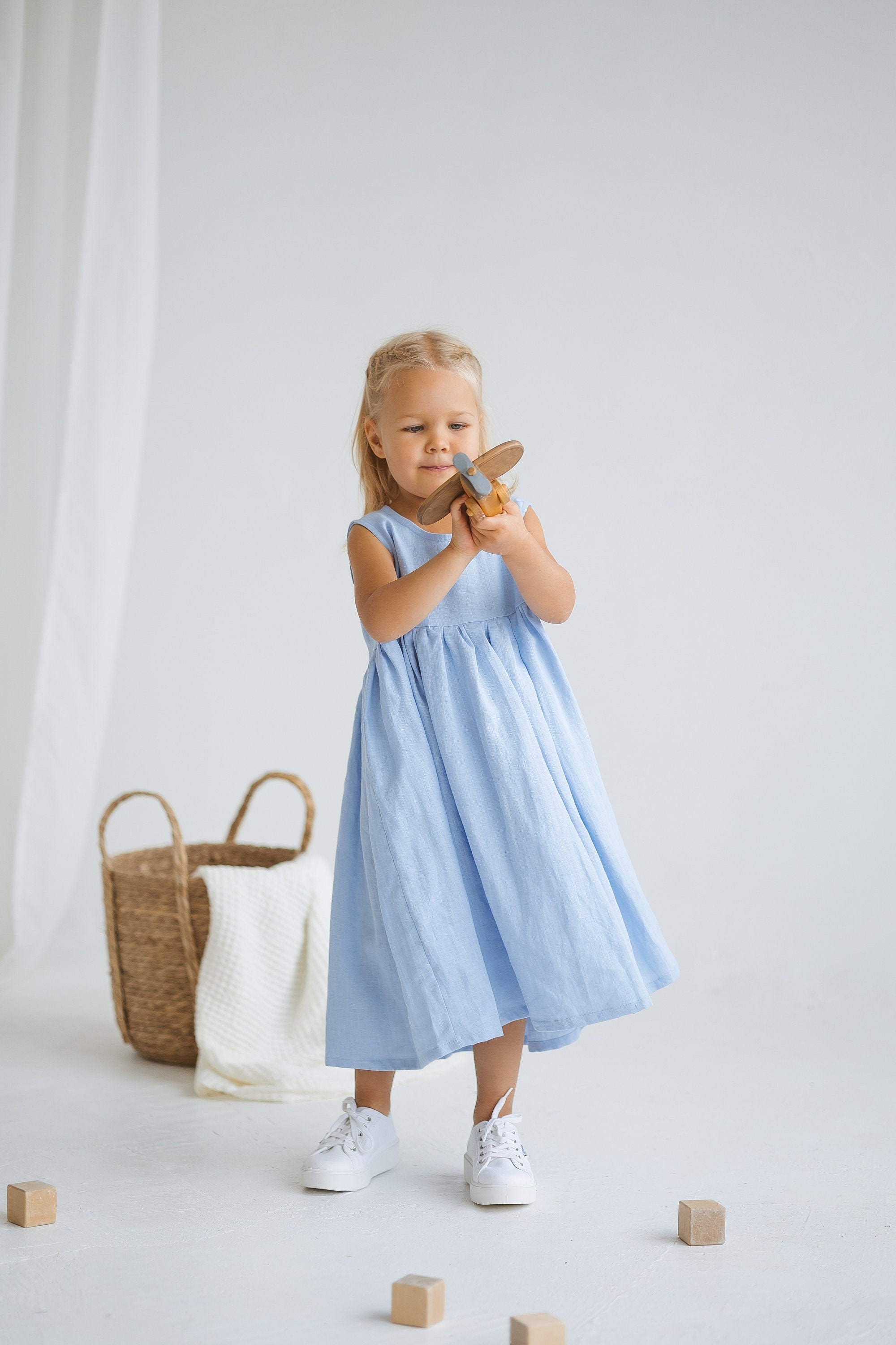 PREK Toddler Girls Summer Dress Size 3T Light Blue Cotton Chambray  Sleeveless