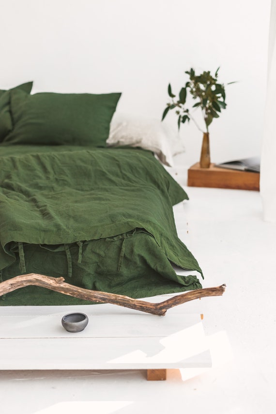 Green Linen Duvet Cover And Pillowcases Dark Green Linen Etsy