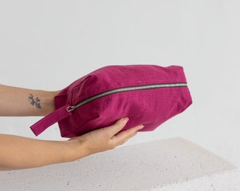 Fuschia Linen Pouch,Linen Makeup Bag, Double-Layered Linen Cosmetic Bag,Linen Makeup Pouch,Pink Waterproof Travel Pouch With Zipper