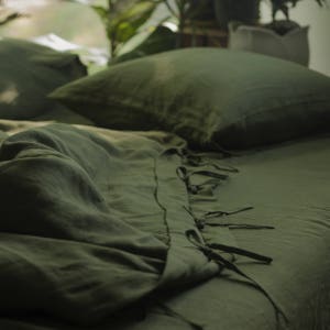 Linen Duvet Cover and Pillowcases,Linen Bedding Set,Washed Linen Bedding,Pure Linen Bedding,Linen Shams,Custom Size Bedding,Green Bed Linen image 4