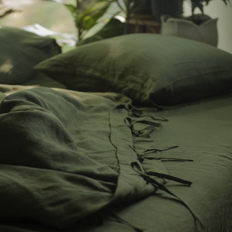 Linen Duvet Cover and Pillowcases,Linen Bedding Set,Washed Linen Bedding,Pure Linen Bedding,Linen Shams,Custom Size Bedding,Green Bed Linen image 4