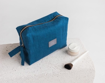 Dark Teal Linen Pouch,Linen Makeup Bag, Double-Layered Linen Cosmetic Bag,Linen Makeup Pouch,Green Waterproof Travel Pouch With Zipper