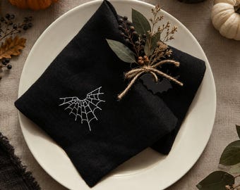 Black Linen Napkin, Halloween Table Decor, Embroidered Spider Web, Gothic Table Setting