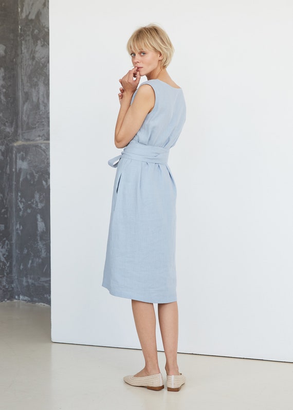 Blue Midi Linen Dress, Tie Belt Linen Dress, Light Blue Linen Summer Dress, Blue Bridesmaid Linen Dress