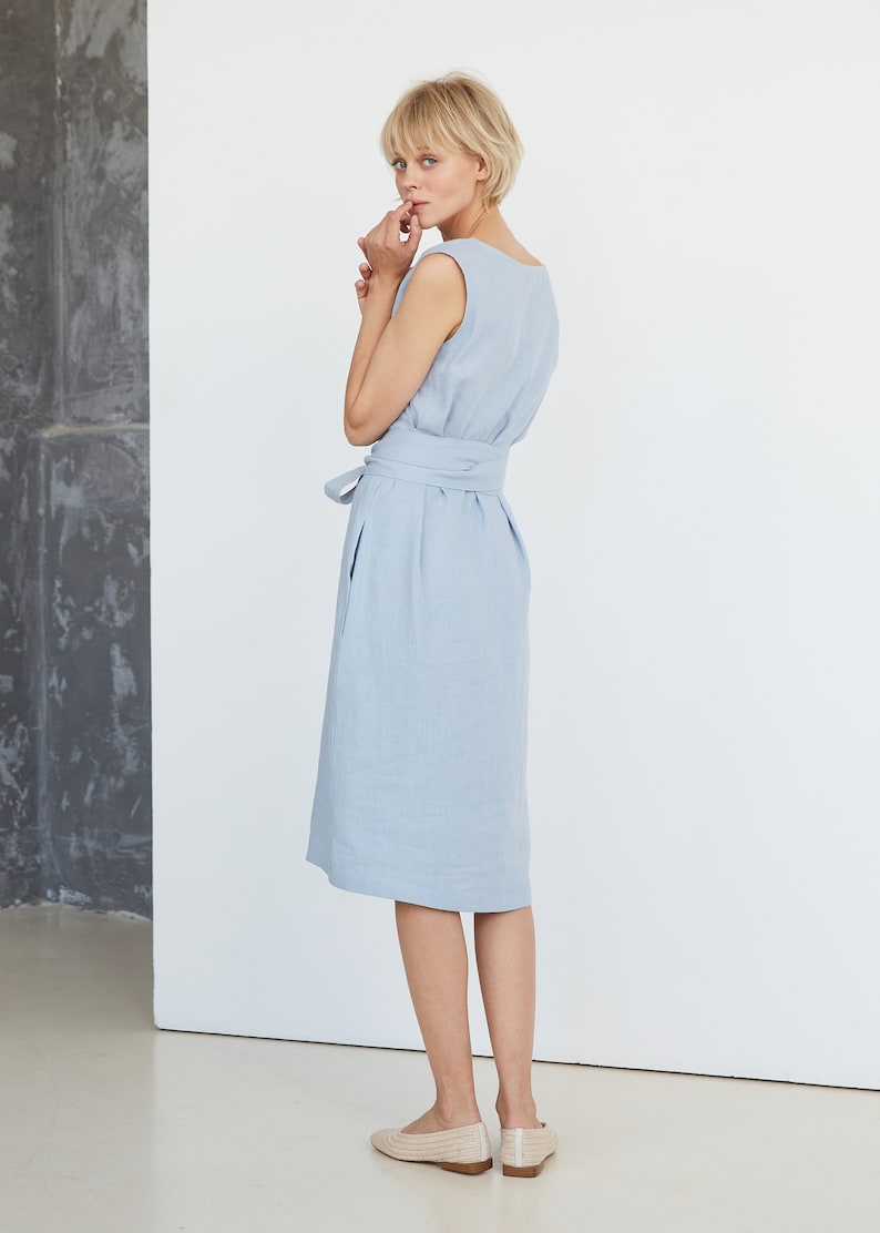 Blue Midi Linen Dress, Tie Belt Linen Dress, Light Blue Linen Summer Dress, Blue Bridesmaid Linen Dress image 1