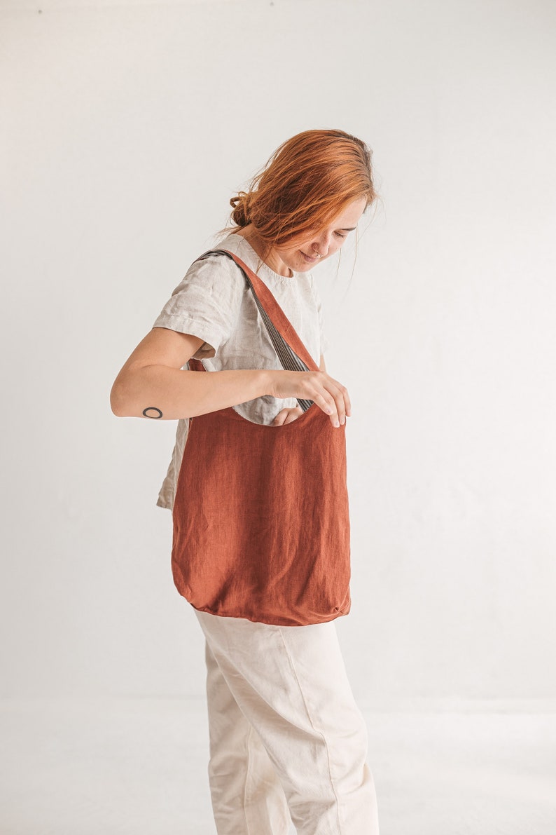 Reversible Linen Tote Bag / Linen Shopping Bag image 1