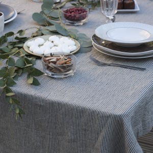 Striped Linen Tablecloth, Striped Tablecloth,Soft Handmade Linen, Mitered Corners Linen,Minimalistic Rustic Linen Tablecloth, Softened Linen