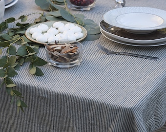 Striped Linen Tablecloth, Softened Rustic Linen, Mitered Corners