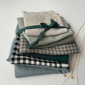 Linen Scraps Bundle Gingham Checks and Solid Colors, Natural Linen Fabric Remnants For Craft Projects. image 7