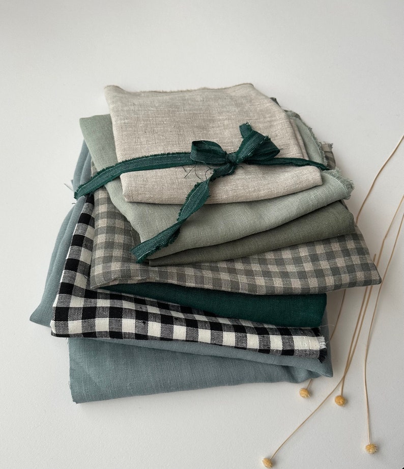 Linen Scraps Bundle Gingham Checks and Solid Colors, Natural Linen Fabric Remnants For Craft Projects. image 7