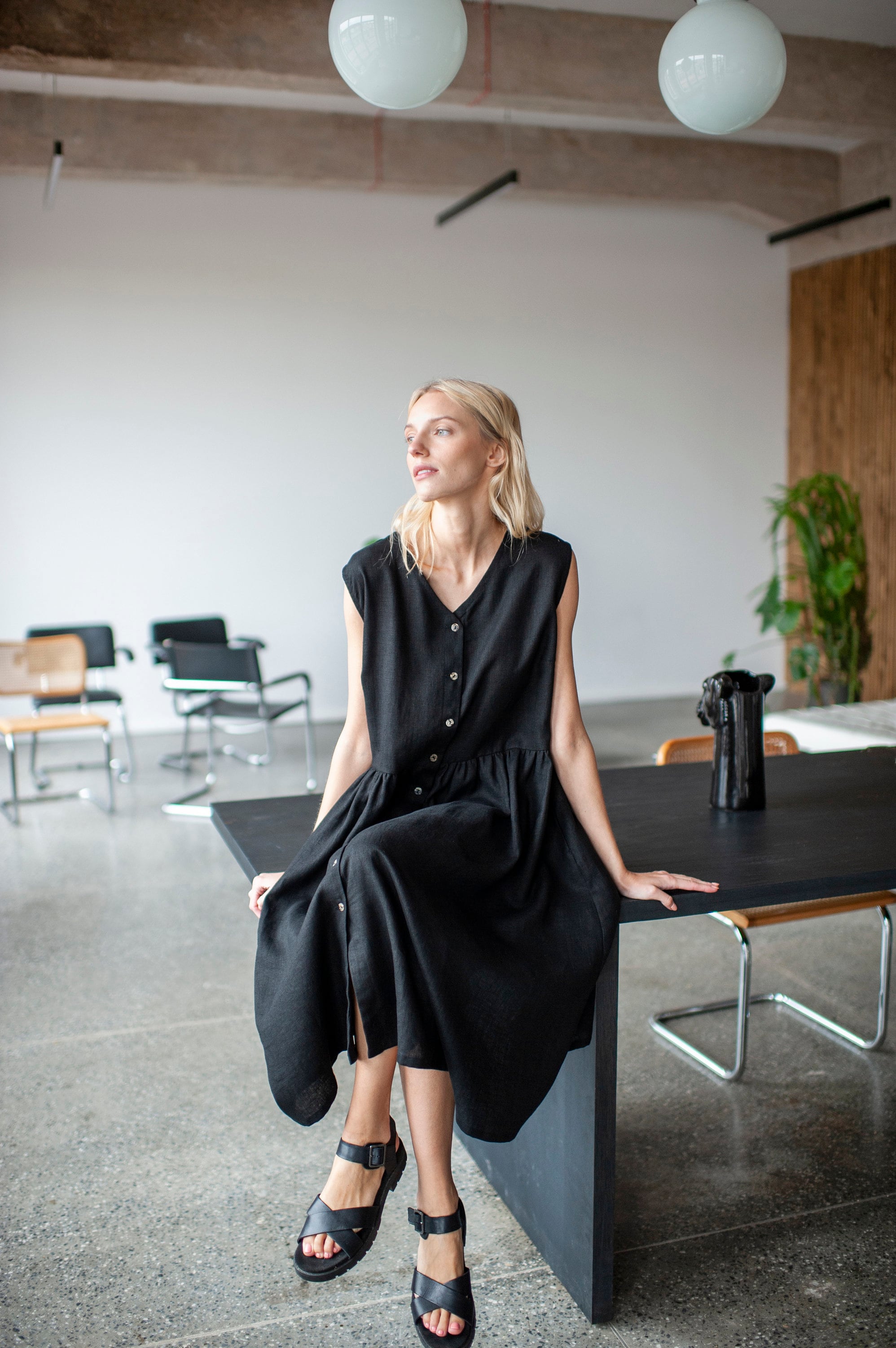 black linen smock dress