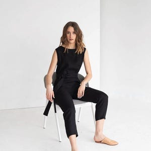 Linen Jumpsuit With Belt, Loose Fit Linen Jumpsuit With Hidden Pockets, Short Sleeves Linen Overall image 10