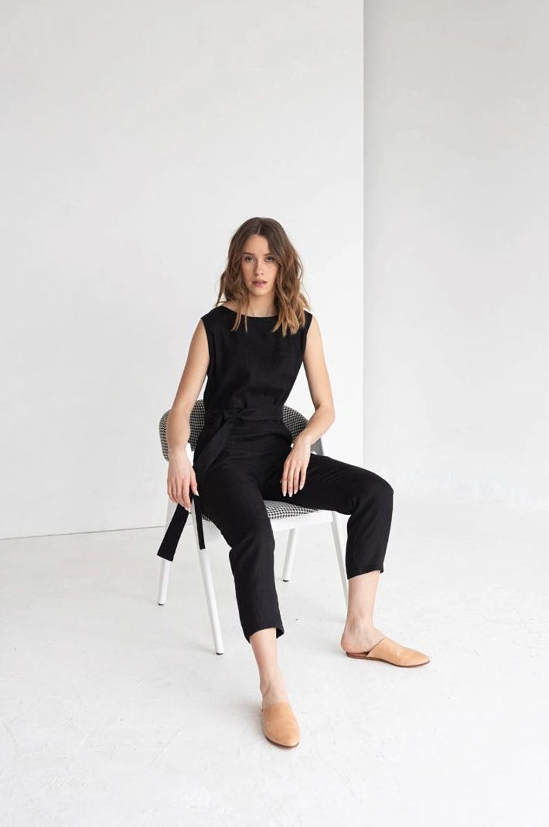 Linen Jumpsuit With Belt, Loose Fit Linen Jumpsuit With Hidden Pockets, Short Sleeves Linen Overall image 10