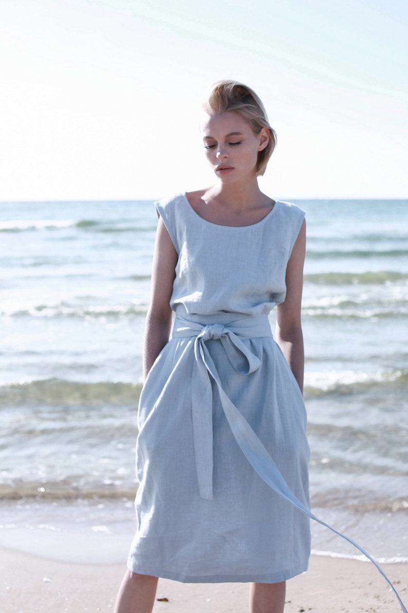 Blue Midi Linen Dress, Tie Belt Linen Dress, Light Blue Linen Summer Dress, Blue Bridesmaid Linen Dress image 5