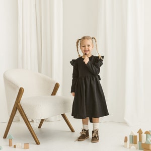 Girls Black Linen Christmas Dress With Buttons And Ribbon, Festive Linen Dress With Long Sleeves, Long Sleeve Linen Photoshoot Dress image 6