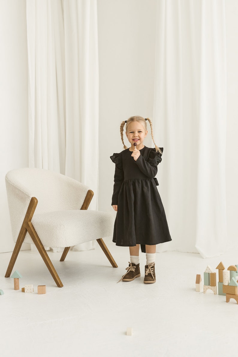 Girls Black Linen Christmas Dress With Buttons And Ribbon, Festive Linen Dress With Long Sleeves, Long Sleeve Linen Photoshoot Dress image 6