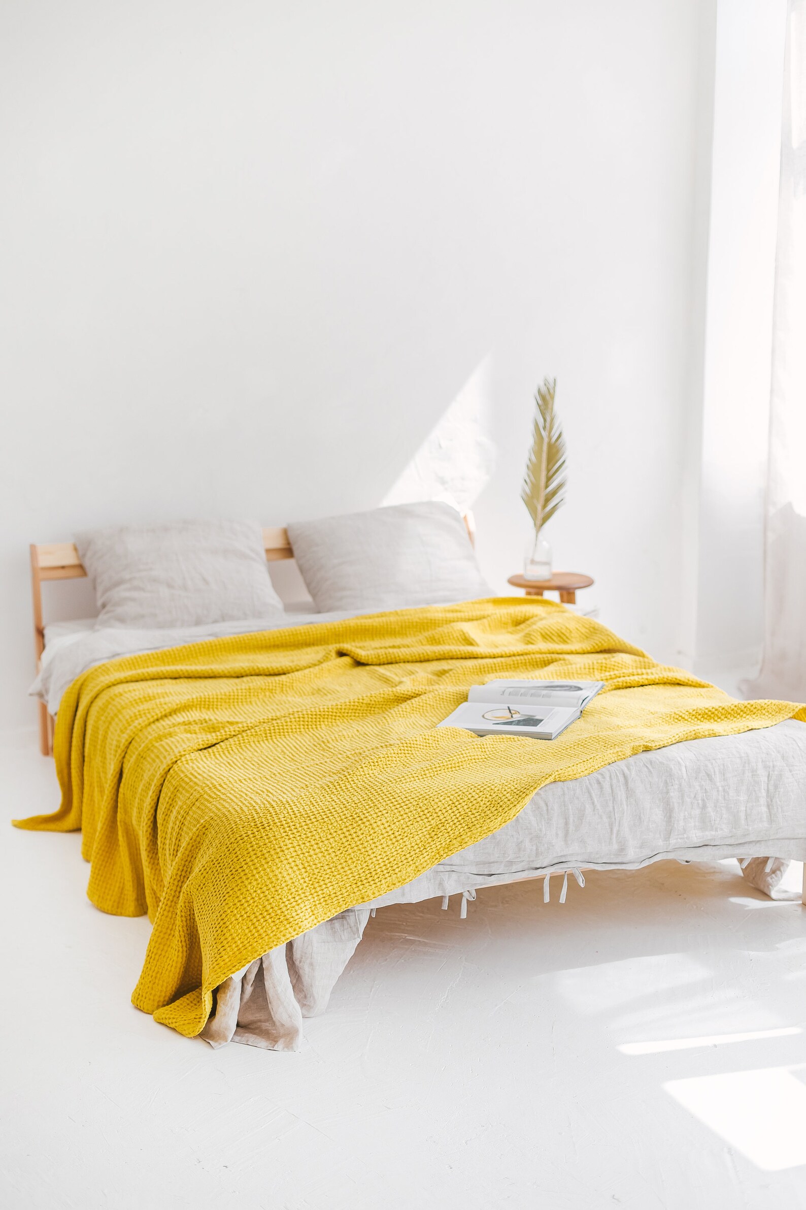 Waffle Linen Bedspreadlinen King Queen Bed Throwpuffy Linen Etsy