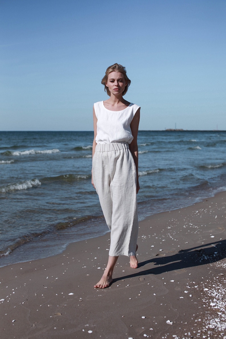 Linen Culottes With Elastic Waistband, Wide Linen Pants with Pockets, Wide Linen Trousers, Wide Leg Linen Trousers, High Waist Linen Pants image 2