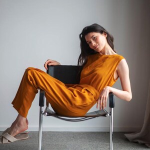 Linen Jumpsuit With Belt, Loose Fit Linen Jumpsuit With Hidden Pockets, Short Sleeves Linen Overall image 11