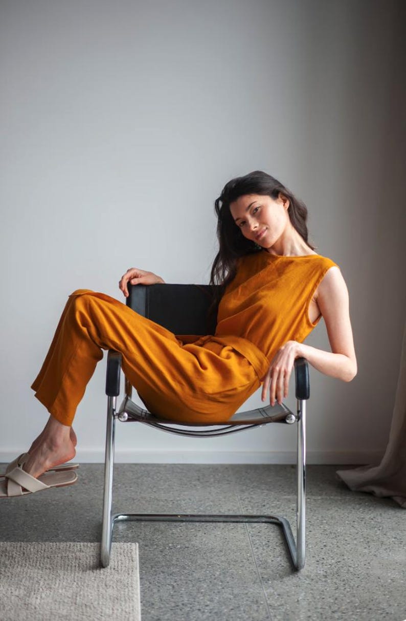 Linen Jumpsuit With Belt, Loose Fit Linen Jumpsuit With Hidden Pockets, Short Sleeves Linen Overall image 11