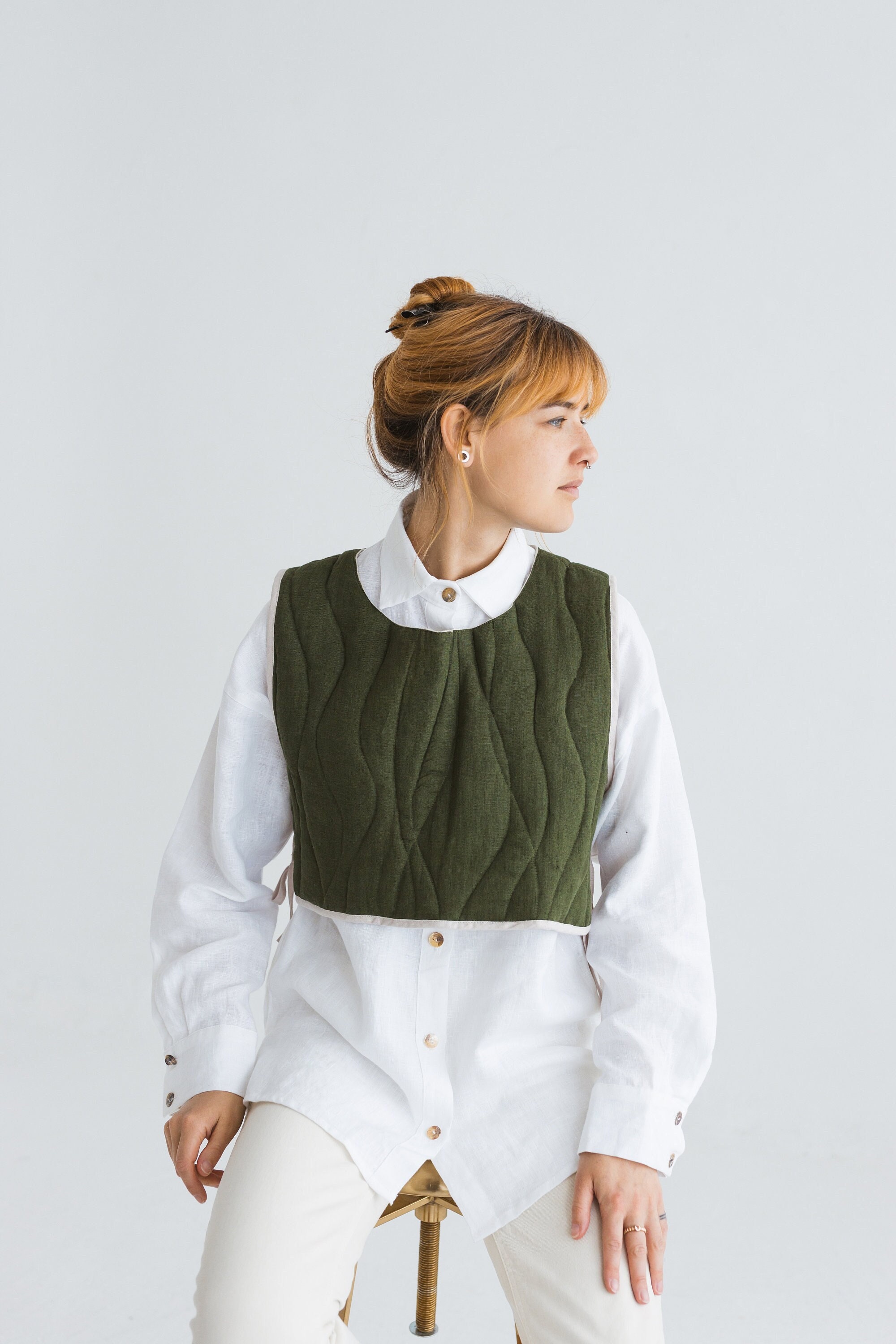 Quilted Linen Vest With Wool Filling, Padded Waistcoat, Natural Light Vest, Short Vest, Double Sided Women
