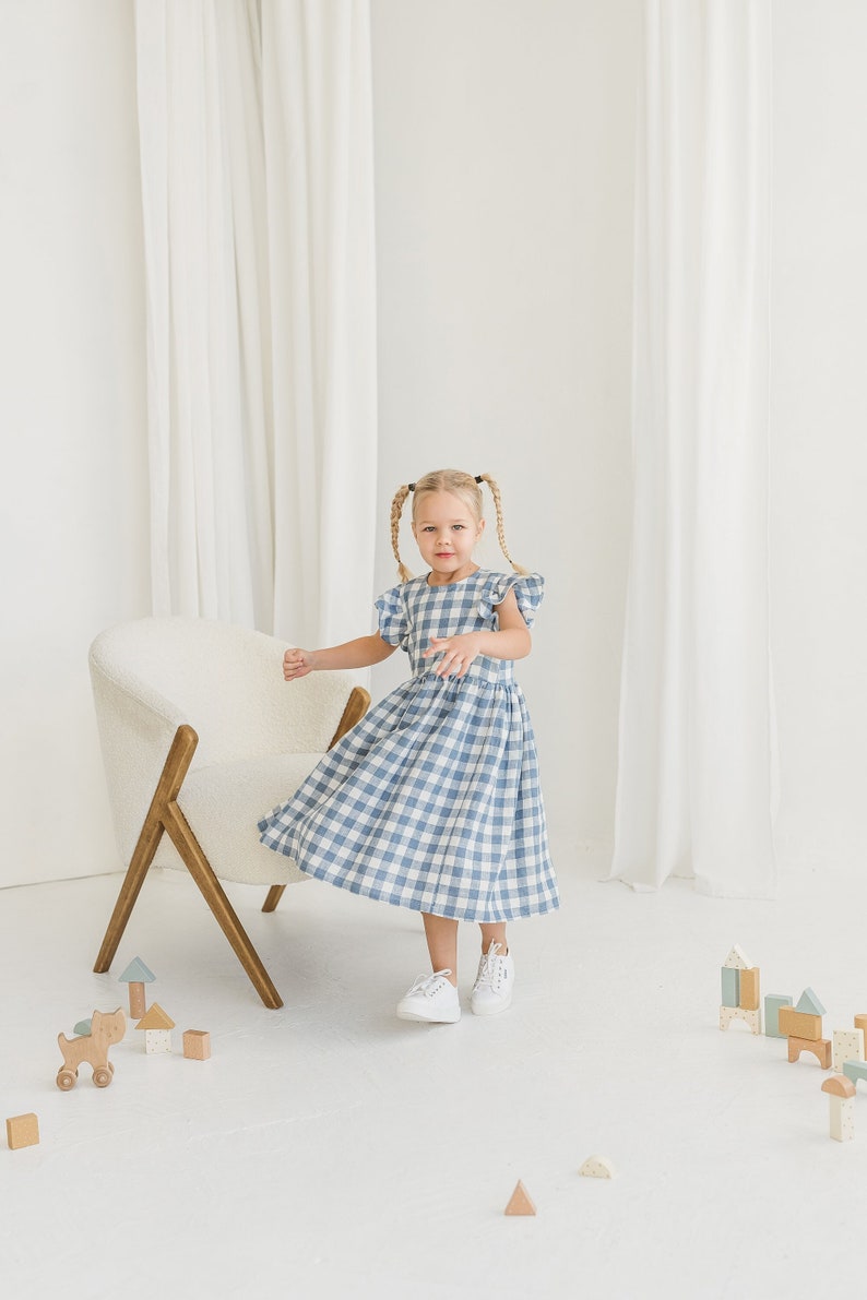 Light Blue Gingham Linen Dress with Ruffles