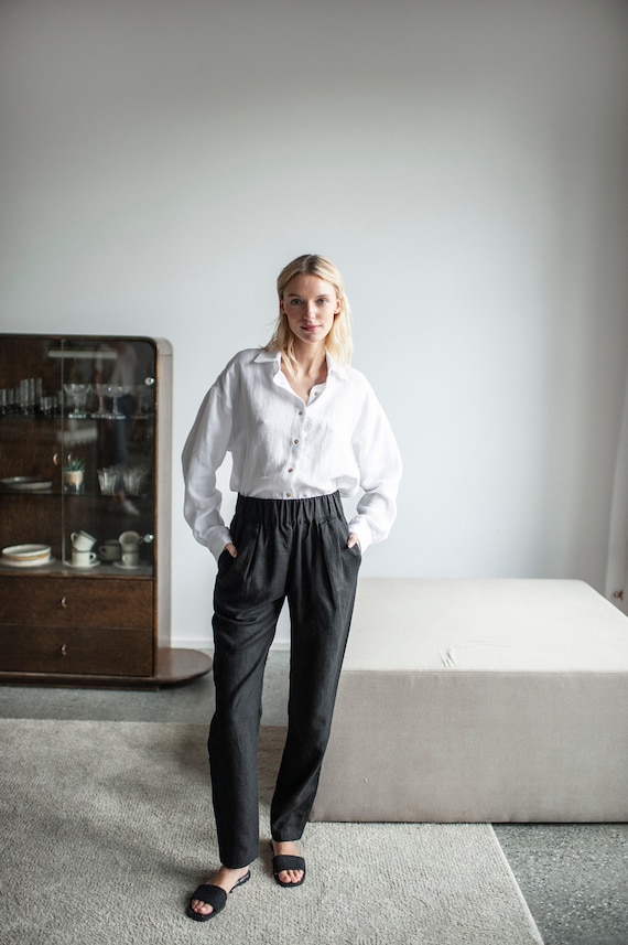 Black Linen Woman Pants With Pockets, High Waisted Linen Trousers With  Elastic Waistband,casual Tapered Linen Pants,long Classic Linen Pants 