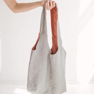 Reversible Linen Tote Bag / Linen Shopping Bag image 4