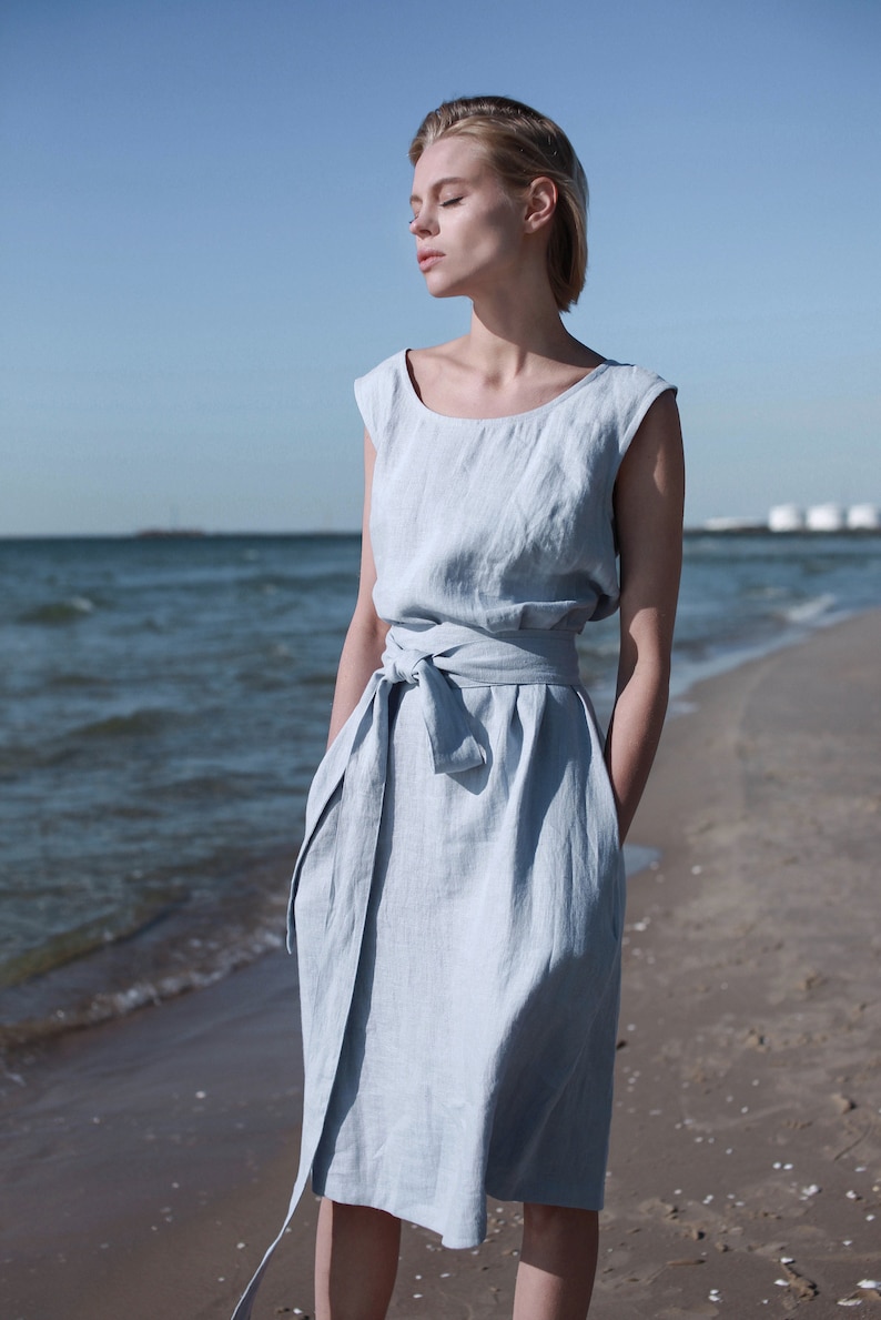 Blue Midi Linen Dress, Tie Belt Linen Dress, Light Blue Linen Summer Dress, Blue Bridesmaid Linen Dress image 4