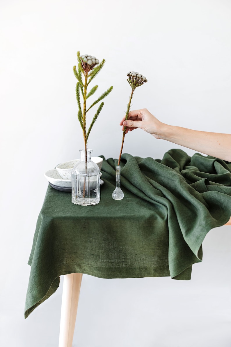 Dark Green Linen Tablecloth Soft Linen Tablecloth Linen Etsy