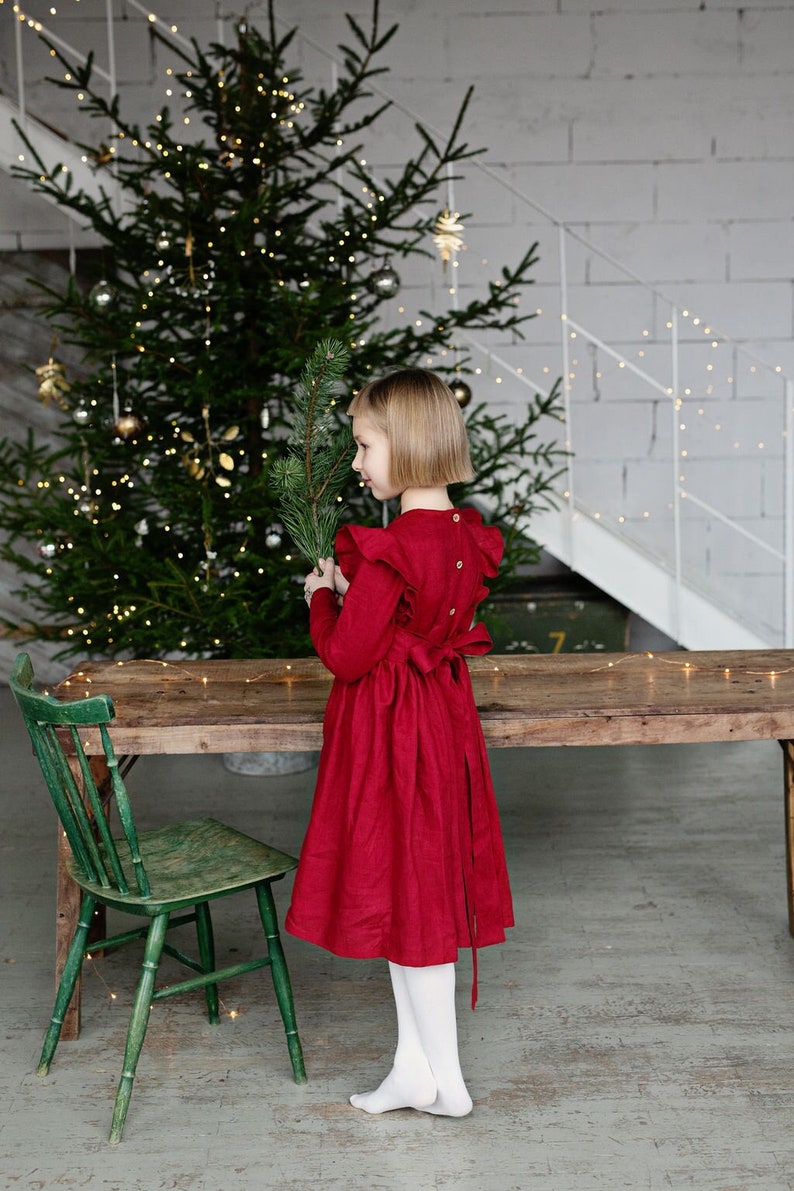 Girls Red Linen Christmas Dress With Buttons And Ribbon, Festive Linen Dress With Long Sleeves, Long Sleeve Linen Christmas Photoshoot Dress image 3
