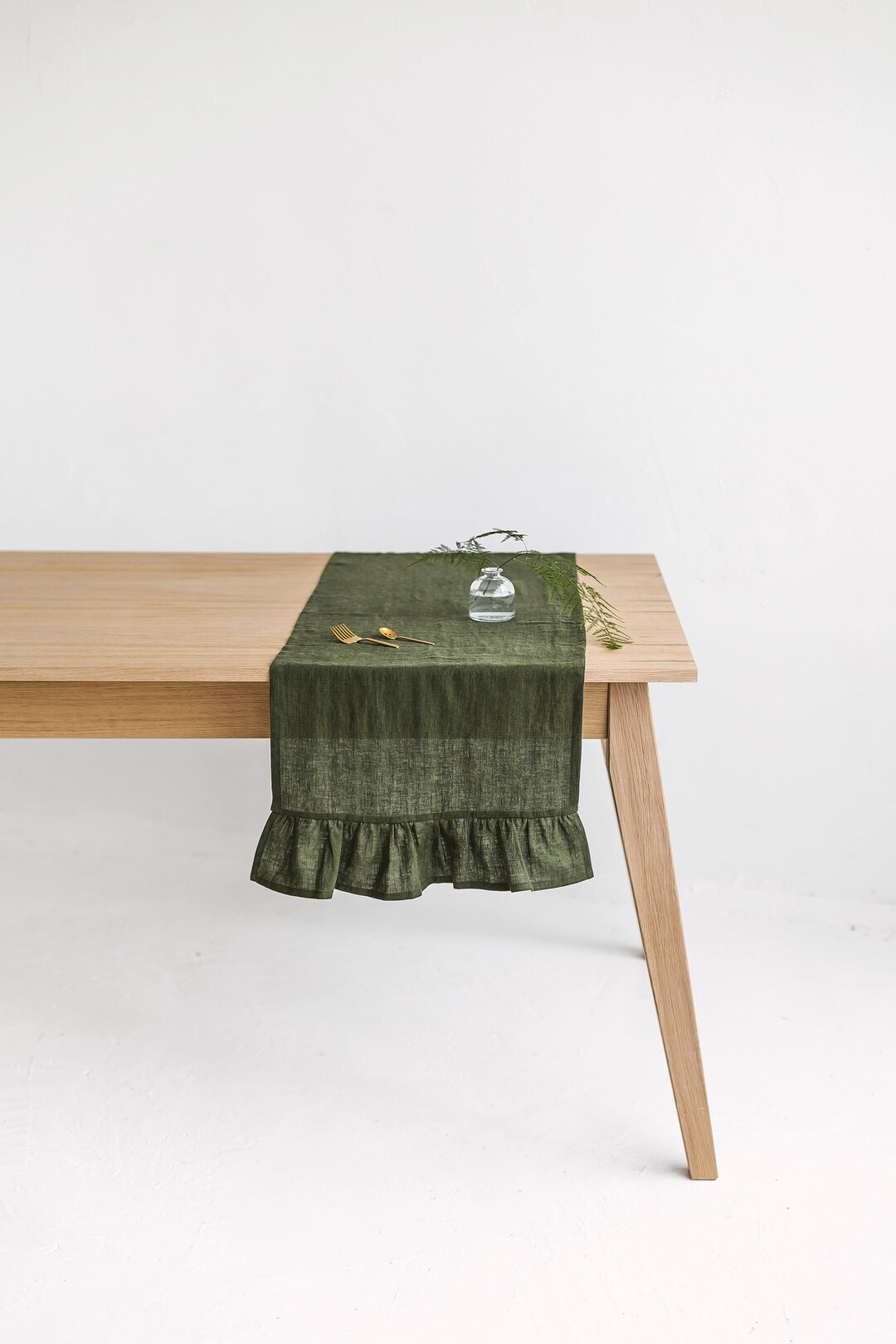 Linen Ruffle Table Runner Dark Green Linen Table Runner With Ruffle, Soft Linen Table Runner ...