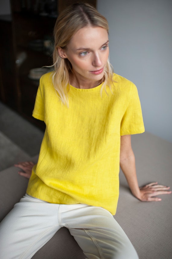 Linen Top With Buttons, Linen Shirt With Buttons In Back, Back Buttoned Linen Blouse, Loose Summer Linen Top