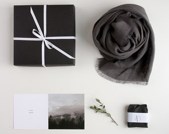 Unisex Linen Shawl Gift Set, Gray Linen Scarf For Men, Linen Scarf Christmas Gift